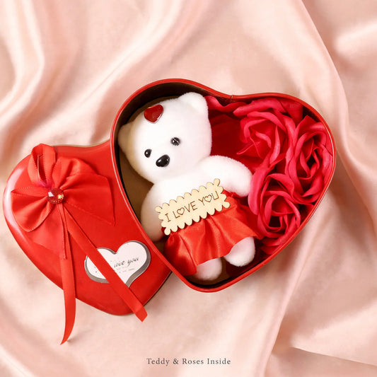 Heart Gift Box with Teddy & Rose - open box with teddy and roses