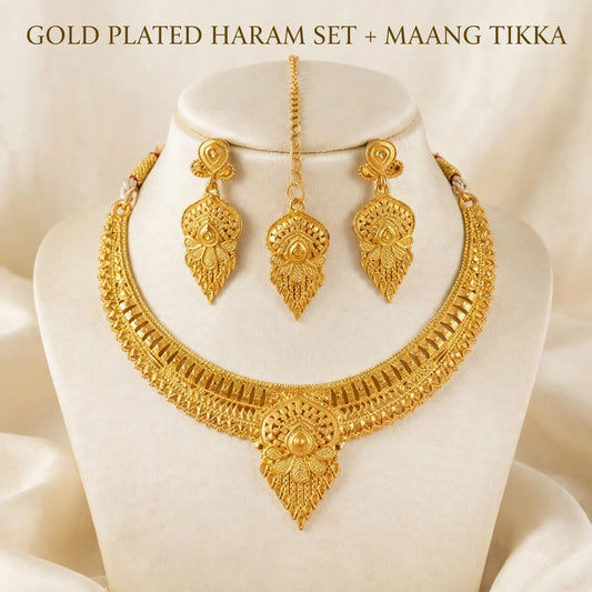 Gold plated haram set with maang tikka - hero