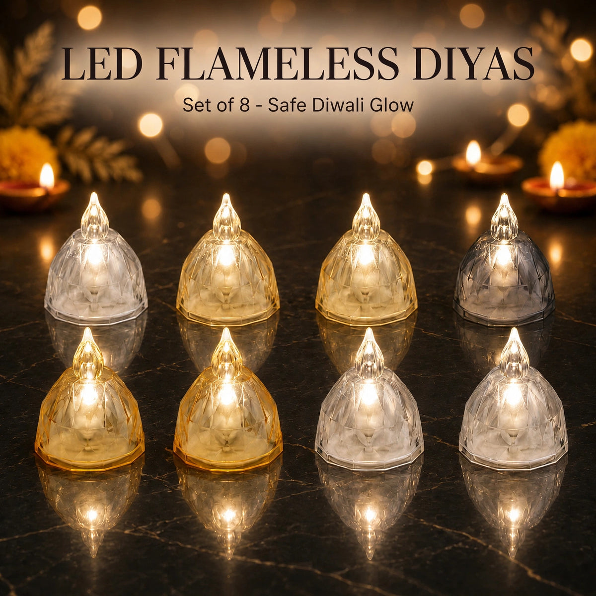 LED Flameless Diyas Set of 8 – Crystal Style, image 1