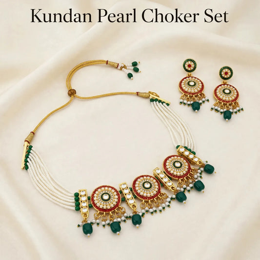 Kundan Pearl Choker with Earrings – Festive Green