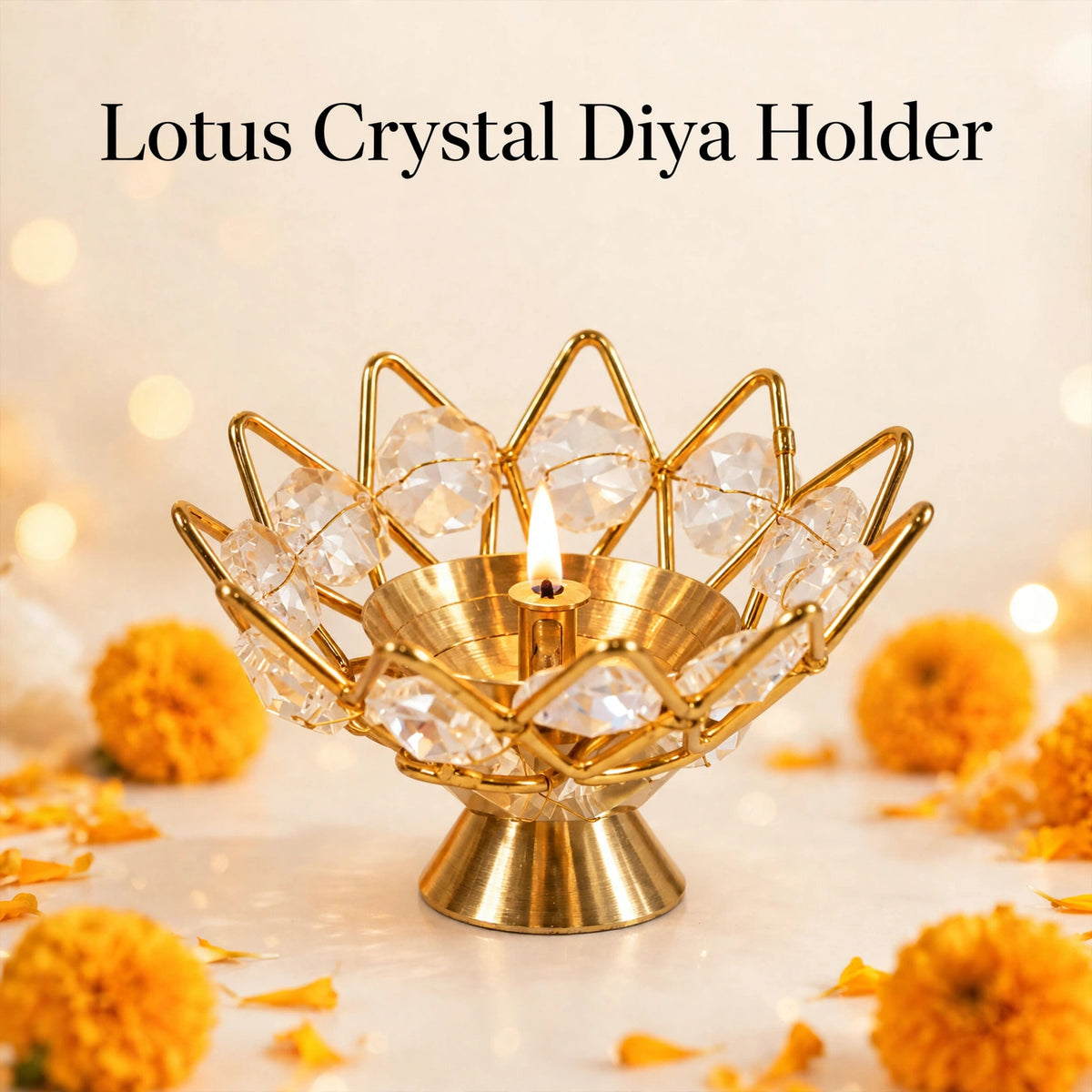 Lotus Crystal Diya Holder – Gold Finish, Akhand Diya Decor