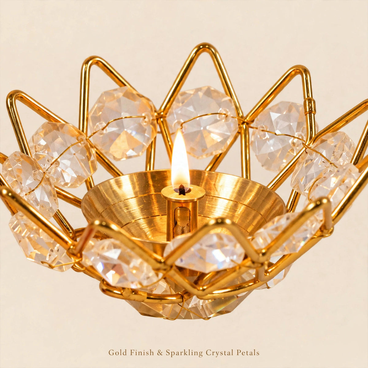 Lotus Crystal Diya Holder – Gold Finish, Akhand Diya Decor
