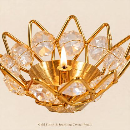 Lotus Crystal Diya Holder – Gold Finish, Akhand Diya Decor