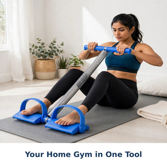 Woman working out at home with the foot pedal resistance band