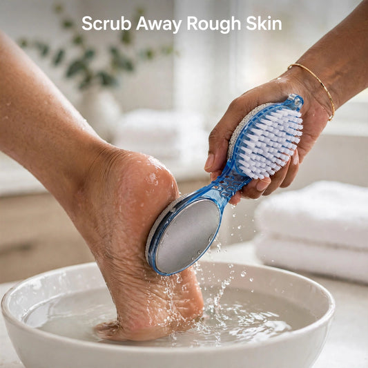 Scrubbing heels with foot scrubber