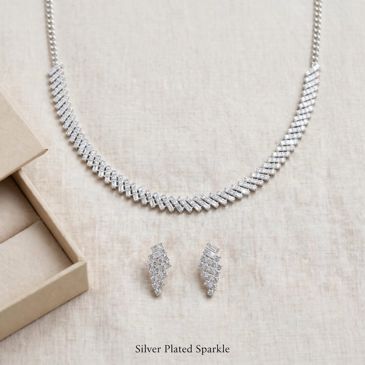 Silver Plated AD Necklace and Earrings Set
