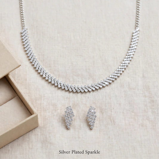 Silver Plated AD Necklace and Earrings Set