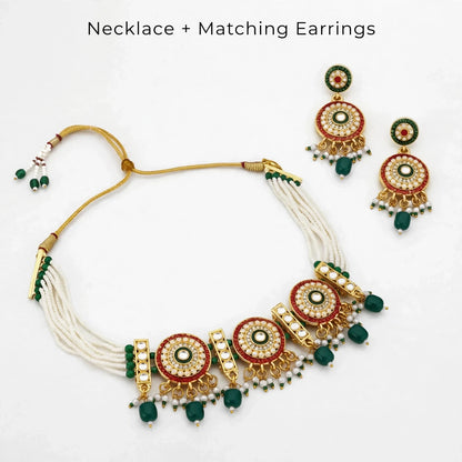 Kundan Pearl Choker with Earrings – Festive Green