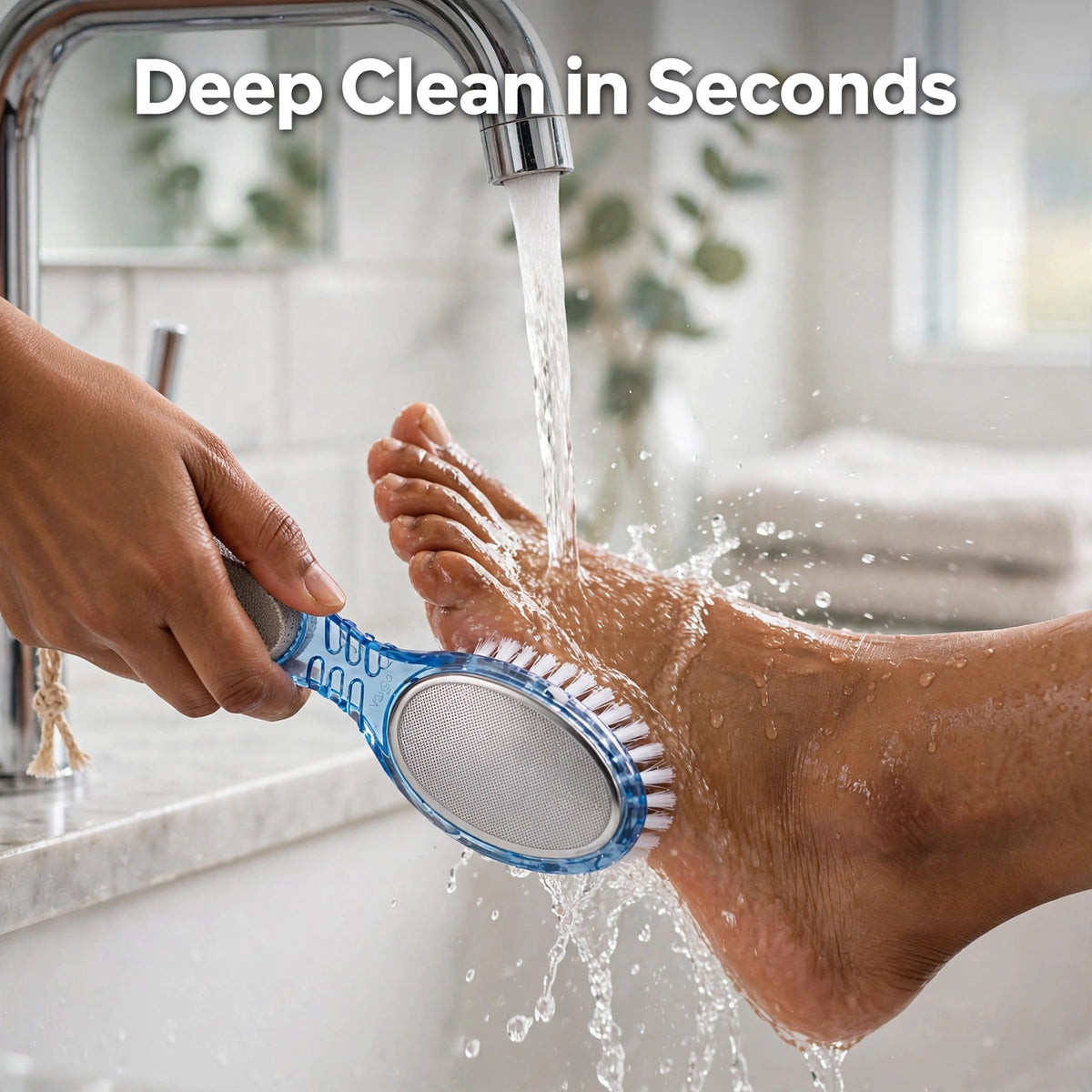 Cleaning foot with brush under tap