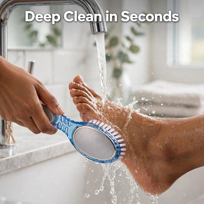 Cleaning foot with brush under tap
