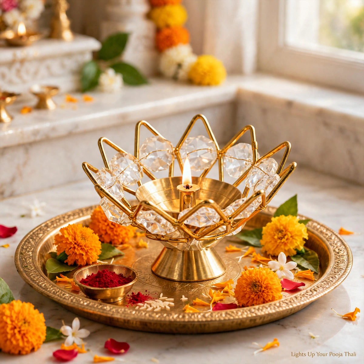 Lotus Crystal Diya Holder – Gold Finish, Akhand Diya Decor