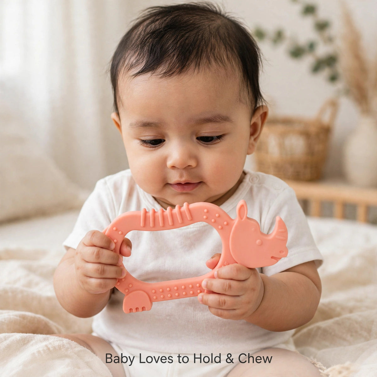 Baby holds the rhino teether