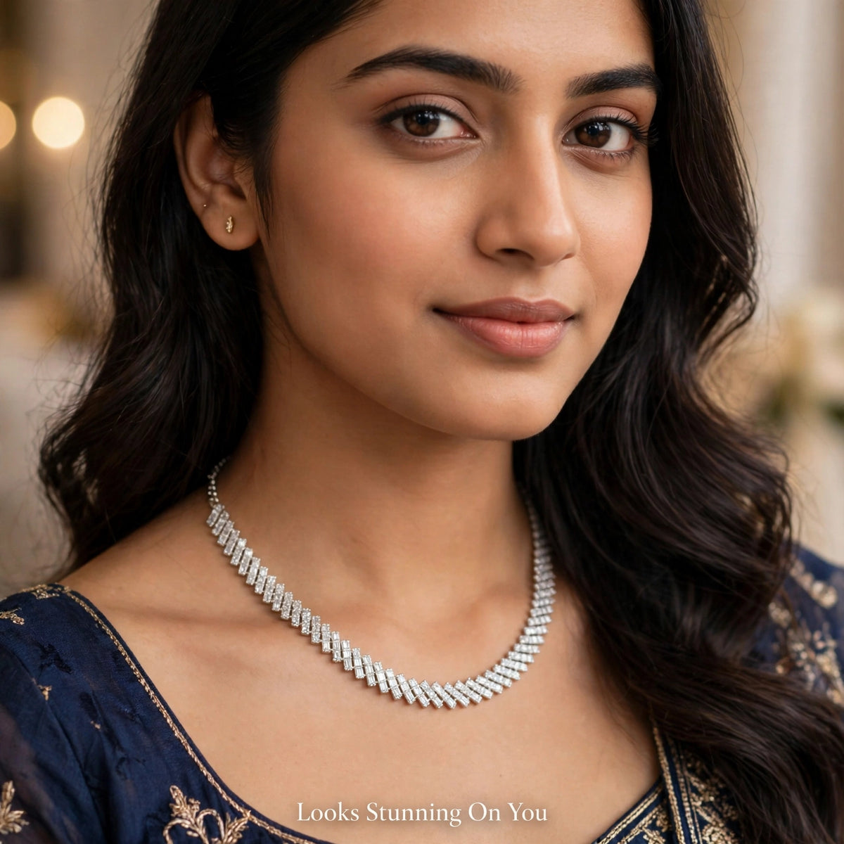 Model wearing American Diamond necklace set