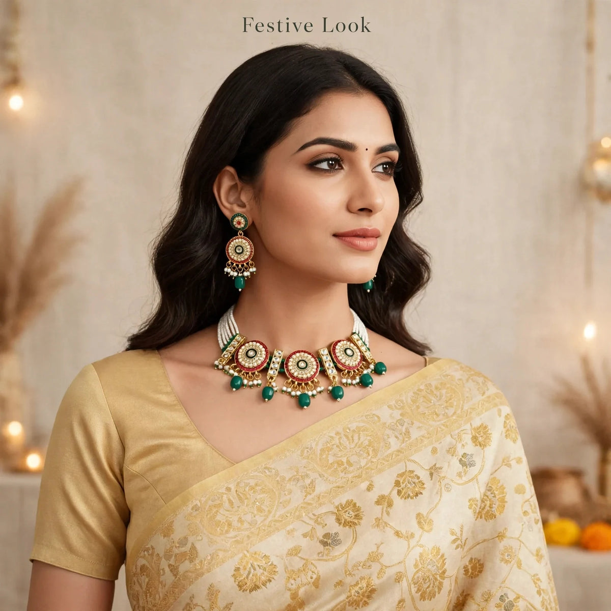 Kundan Pearl Choker with Earrings – Festive Green