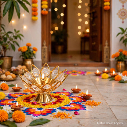 Lotus Crystal Diya Holder – Gold Finish, Akhand Diya Decor