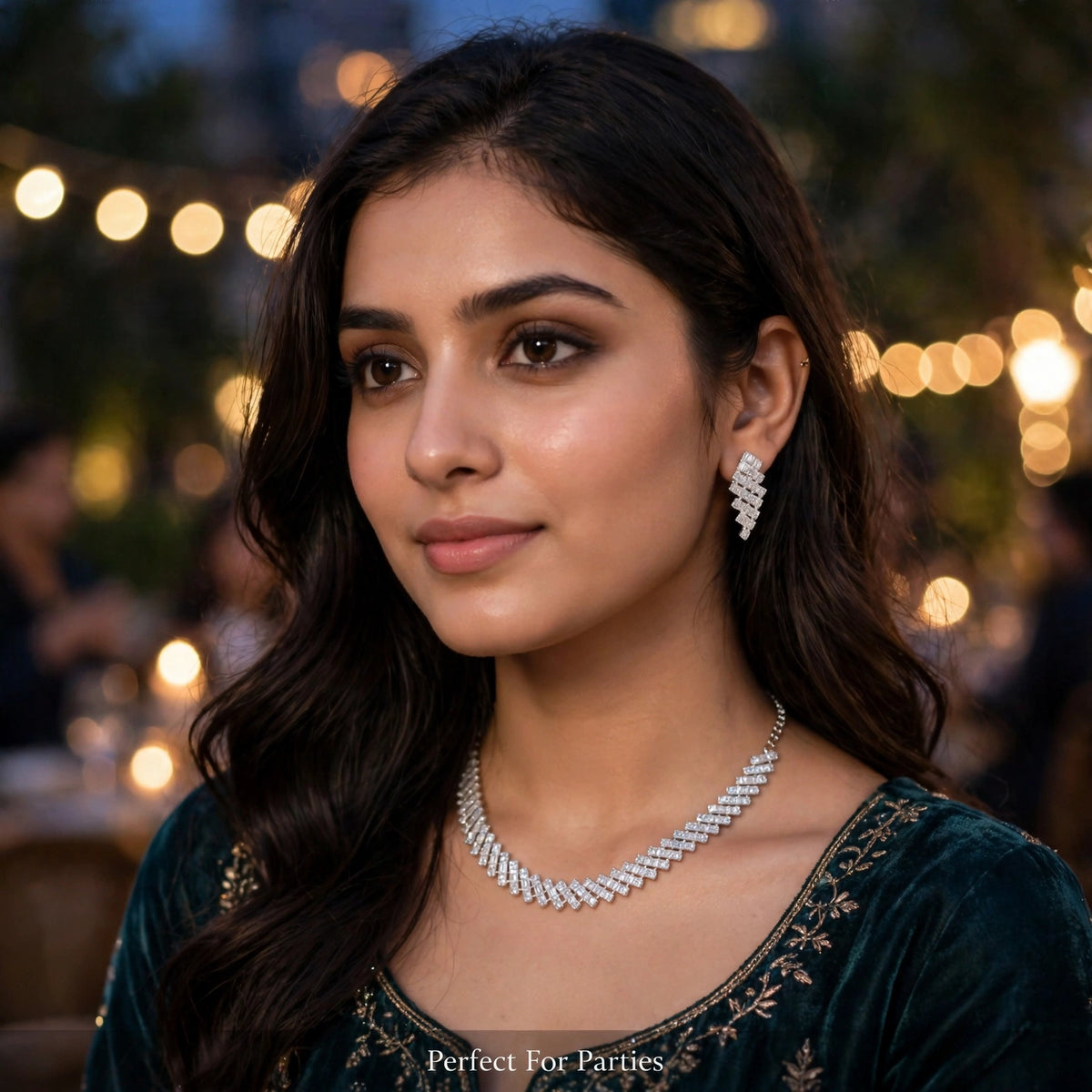 Model wearing American Diamond necklace and earrings at party