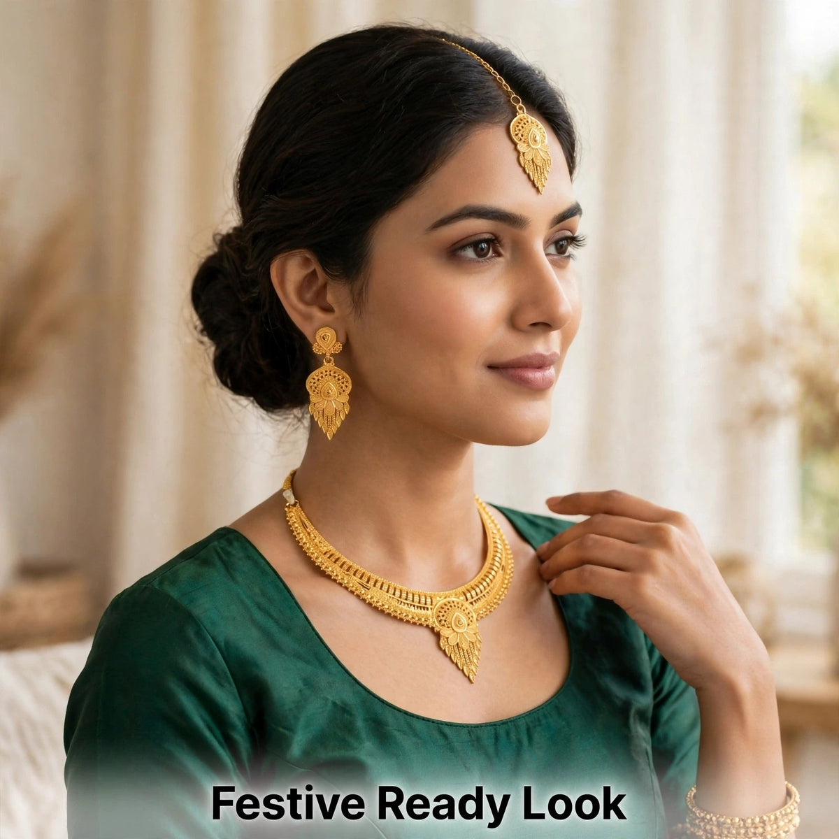 Model wearing gold plated haram set side view