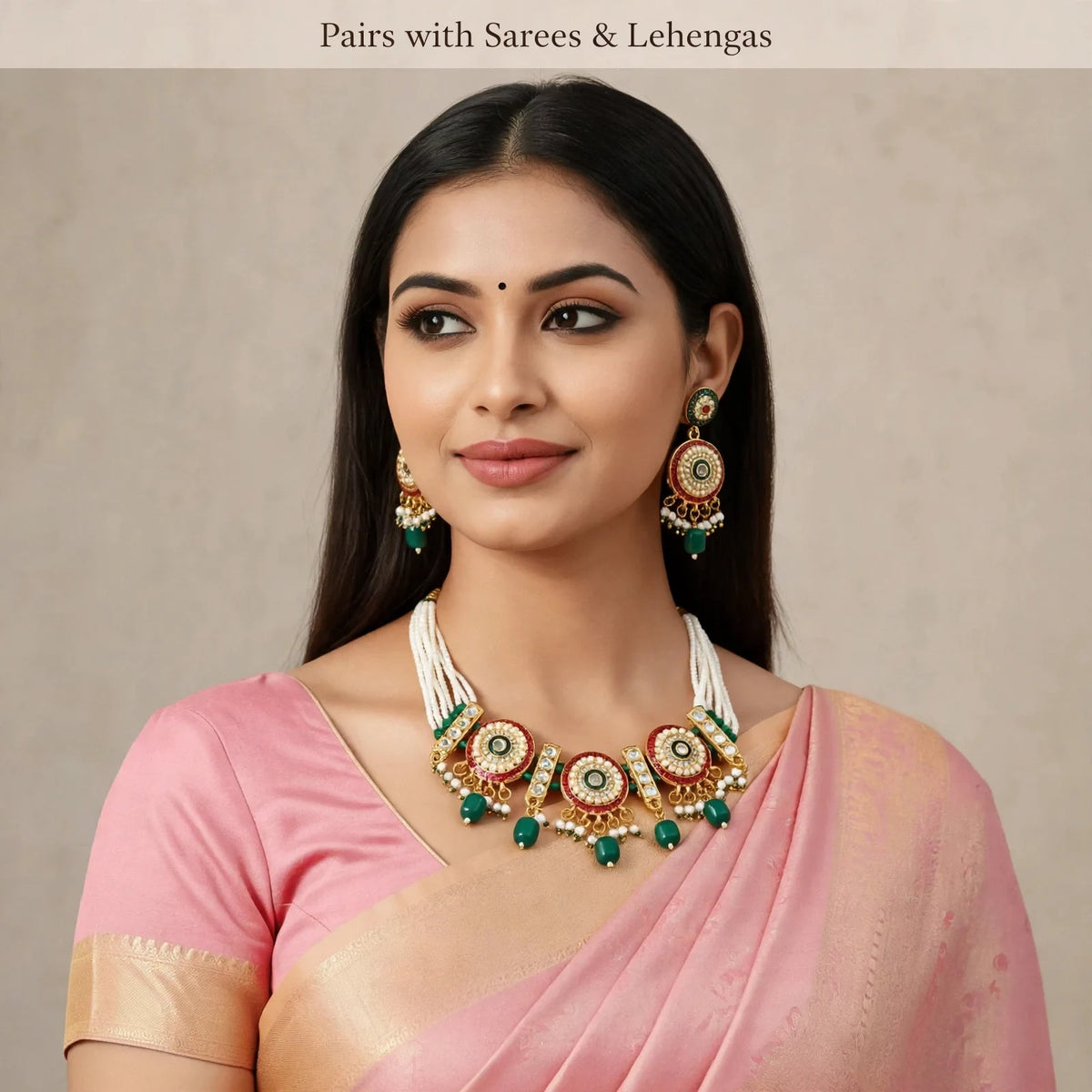 Kundan Pearl Choker with Earrings – Festive Green
