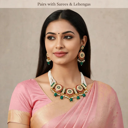 Kundan Pearl Choker with Earrings – Festive Green