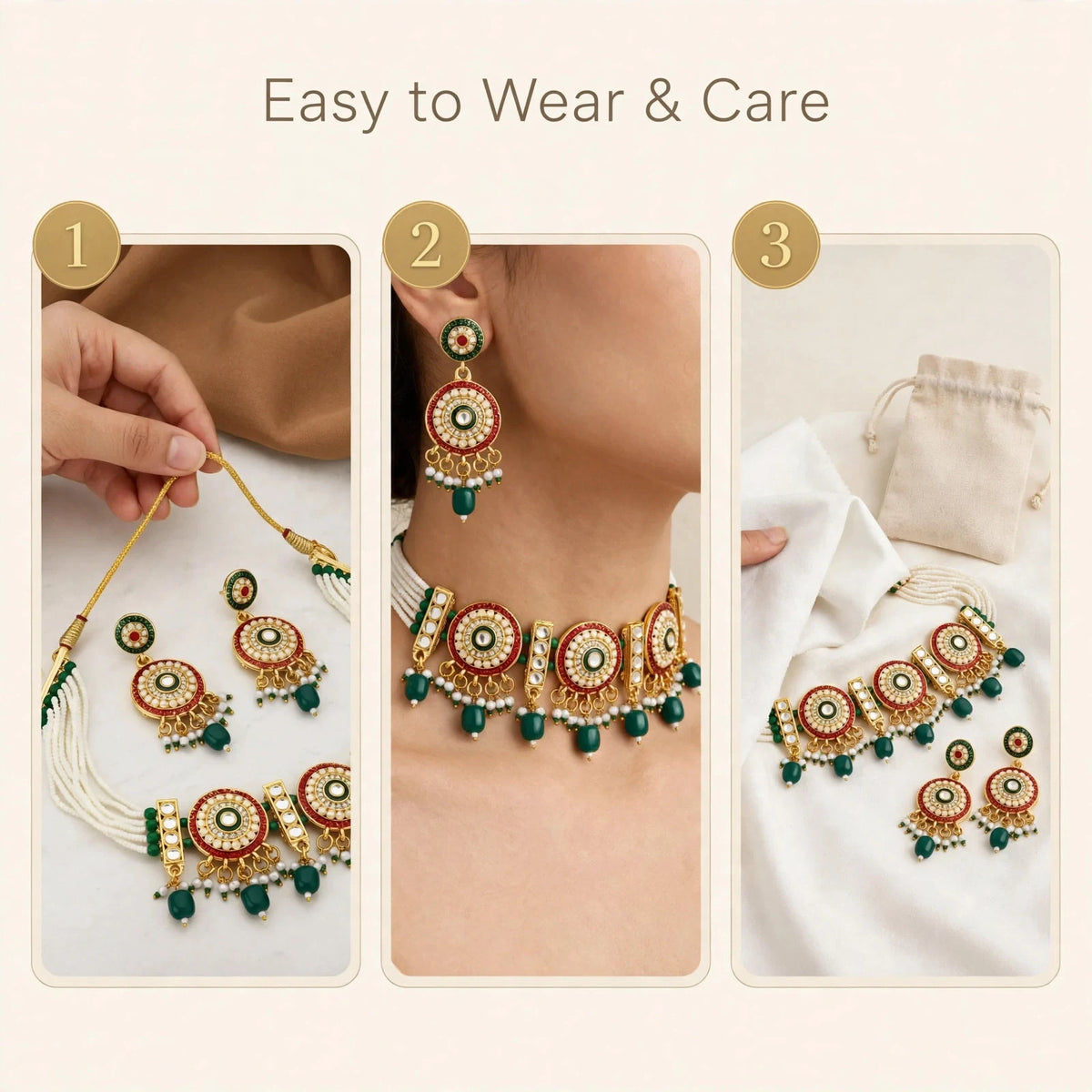 Kundan Pearl Choker with Earrings – Festive Green