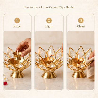 Lotus Crystal Diya Holder – Gold Finish, Akhand Diya Decor