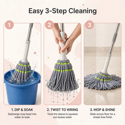 Self-Wringing Mop with Steel Handle – Squeeze Dry Without Touching