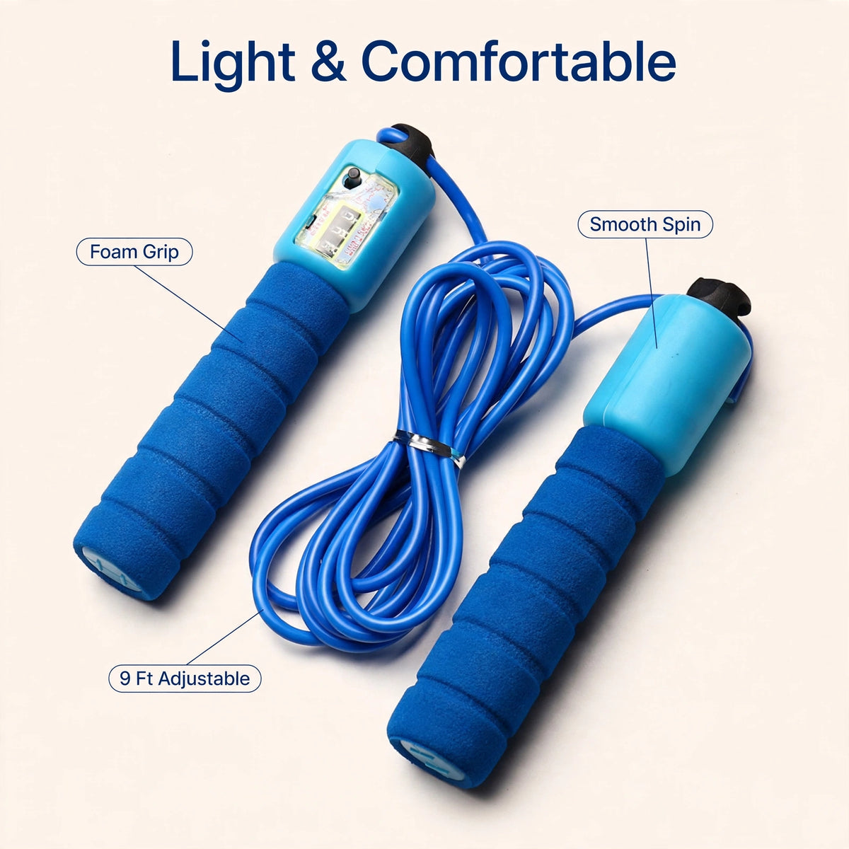 Foam grip, smooth spin, adjustable rope