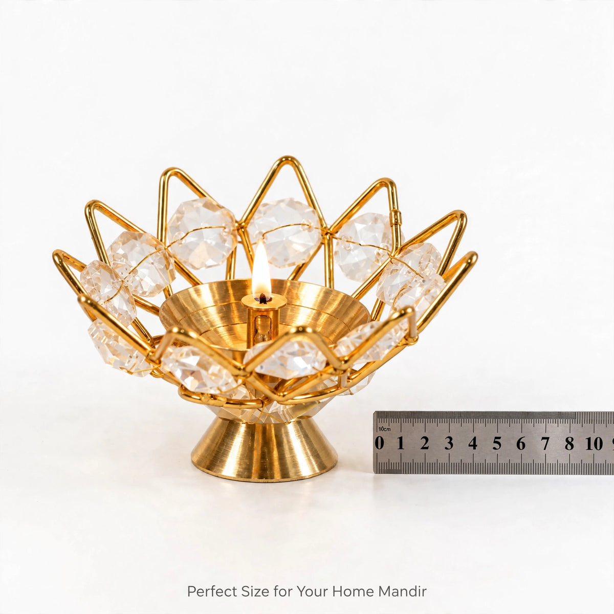 Lotus Crystal Diya Holder – Gold Finish, Akhand Diya Decor