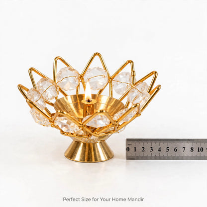 Lotus Crystal Diya Holder – Gold Finish, Akhand Diya Decor