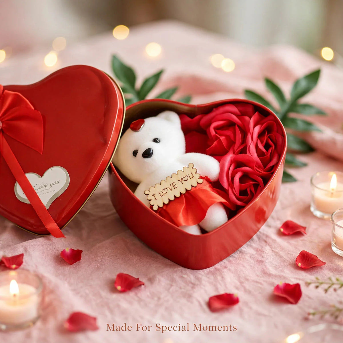 Heart Gift Box with Teddy & Rose - on a decorated table