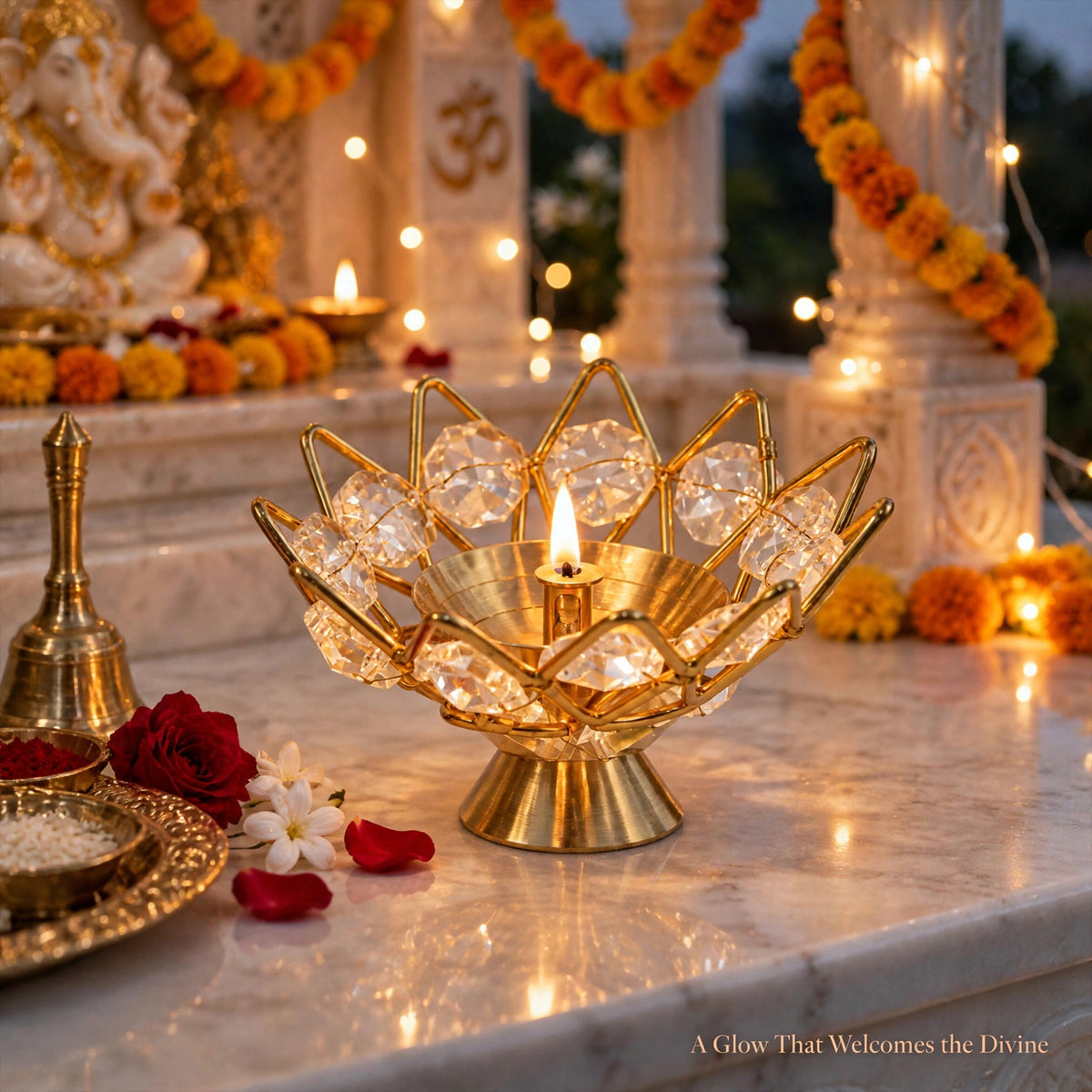 Lotus Crystal Diya Holder – Gold Finish, Akhand Diya Decor